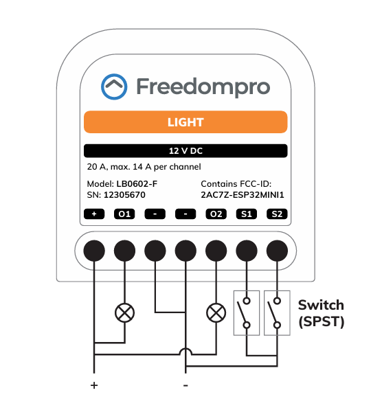 Anschlussschema des Freedompro LB0602-F mit zwei Lampen und zwei SPST-Tastern an 12 V DC