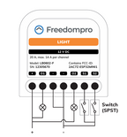 Anschlussschema des Freedompro LB0602-F mit zwei Lampen und zwei SPST-Tastern an 12 V DC