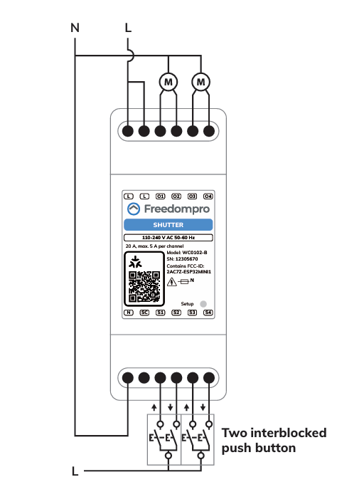 Anschlussdiagramm des WC0102-B mit zwei Rollladenmotoren an L und N sowie zwei verriegelten Tastern