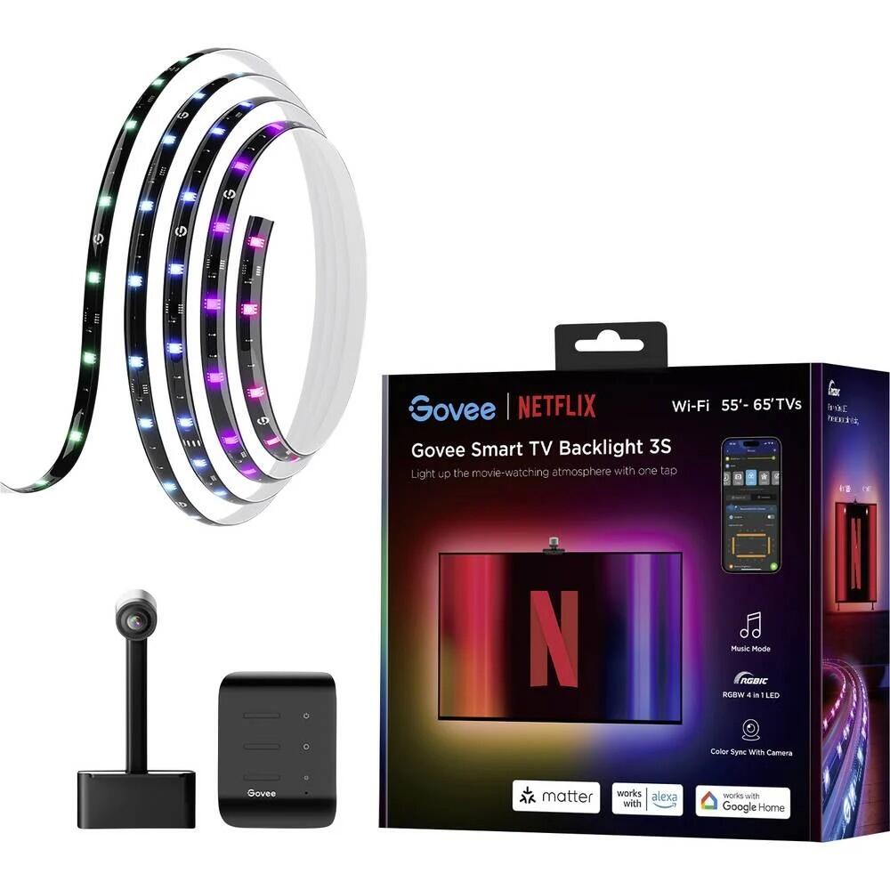 Govee Smart TV Backlight 3S mit farbig leuchtendem LED-Strip, Kamera, Steuerbox und Netflix-Verpackung