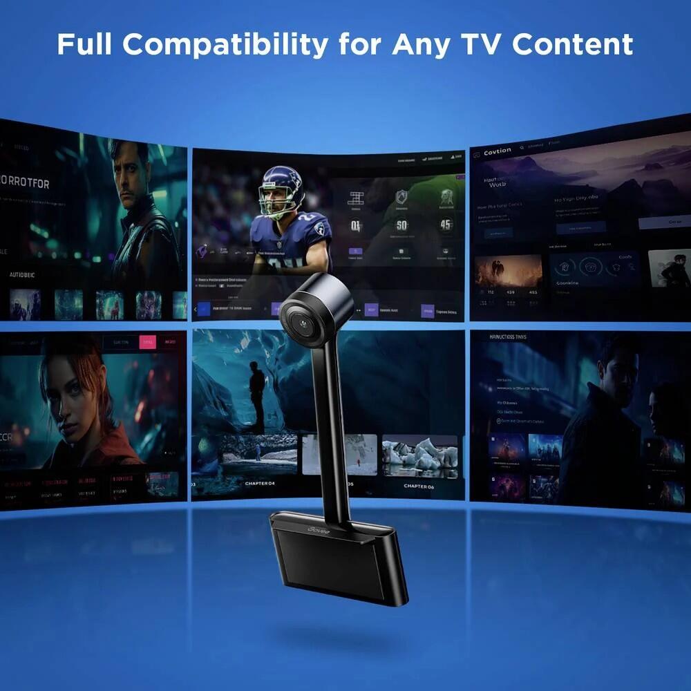Kamera mit Standfuß des Govee Smart TV Backlight 3S vor sechs TV-Bildschirmen mit Film-, Sport- und Streaming-Inhalten