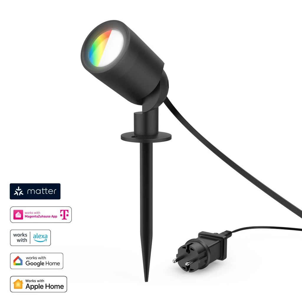 Hama Gartenstrahler am Erdspieß neben Kompatibilitäts-Logos für Matter, Alexa, Google Home und Apple Home