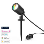 Hama Gartenstrahler am Erdspieß neben Kompatibilitäts-Logos für Matter, Alexa, Google Home und Apple Home