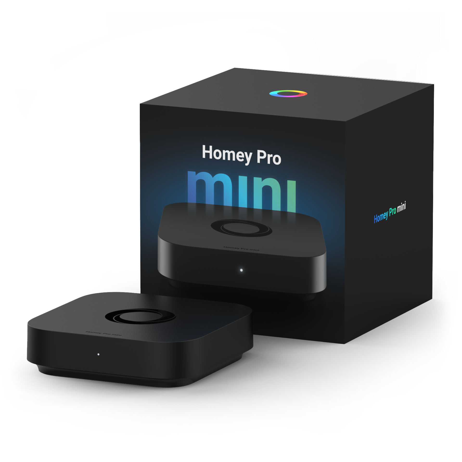 Homey Pro mini als flacher schwarzer Quader neben seiner Verpackung