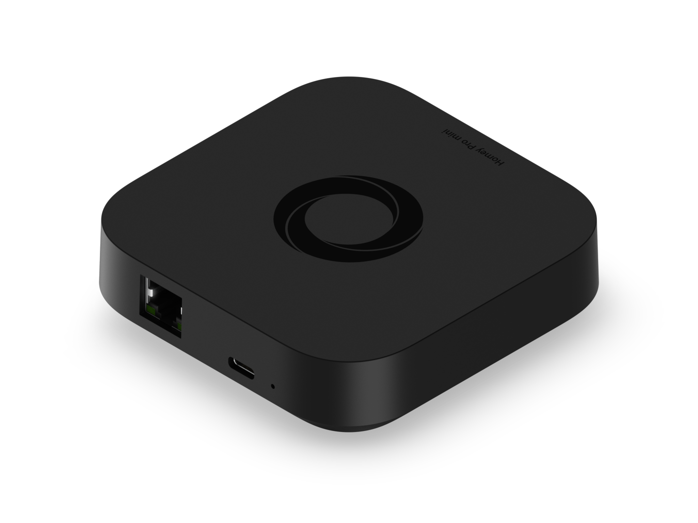Der Homey Pro mini von schräg hinten mit Netzwerk- und USB-C-Buchse