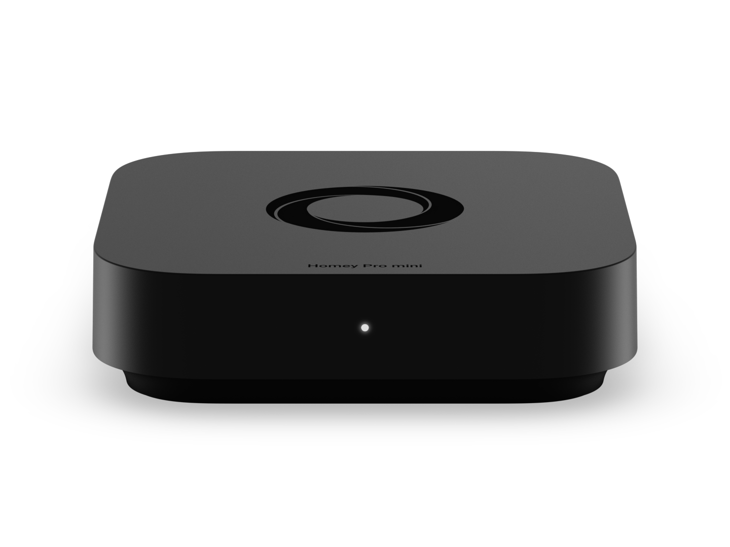 Der Homey Pro mini frontal, flache schwarze Bauform