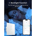 Der MRS100MA leuchtet im dunklen Schlafzimmer, daneben die App-Einstellung zum Abschalten der LED