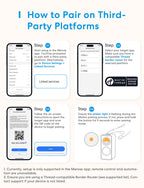 Herstellergrafik zur Kopplung des MS605: App-Screens mit Plattformauswahl, Matter-QR-Code und Tastendruck