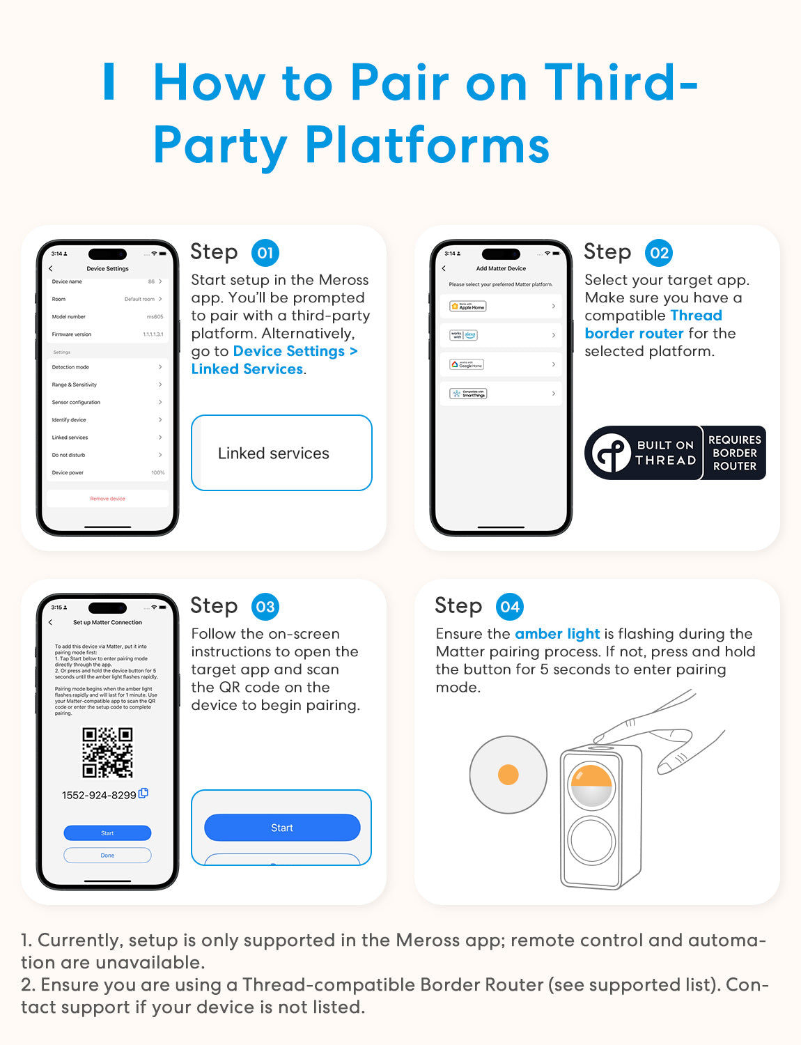 Herstellergrafik zur Kopplung des MS605: App-Screens mit Plattformauswahl, Matter-QR-Code und Tastendruck
