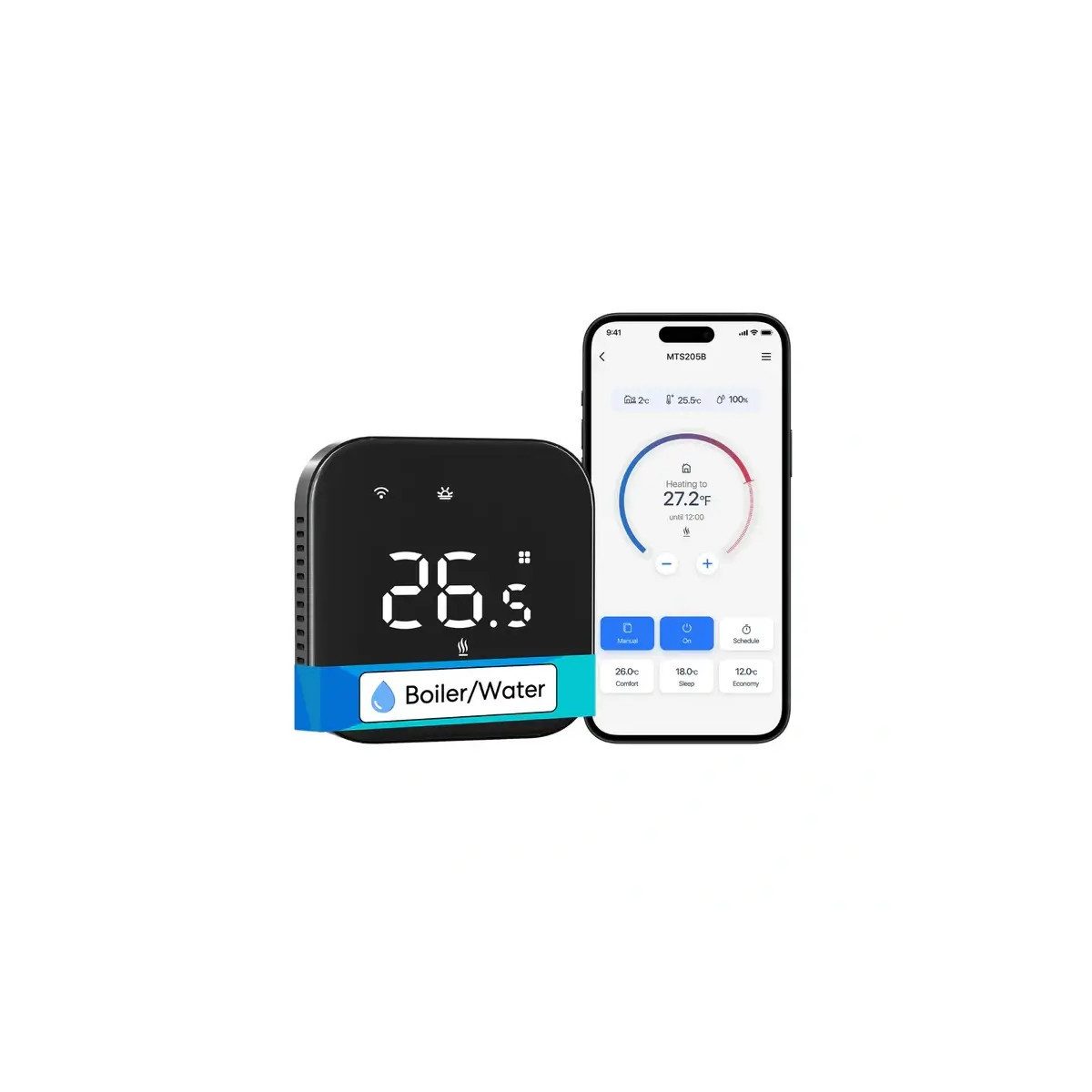 Meross MTS215BMA in Schwarz, freigestellt neben einem Smartphone mit der Thermostat-App