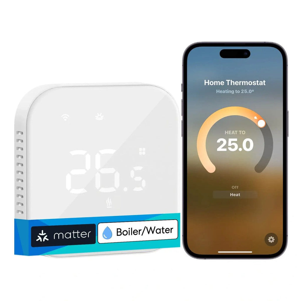 Meross MTS215BMA in Weiß, freigestellt neben einem Smartphone mit der Thermostat-App