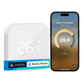 Meross MTS215BMA in Weiß, freigestellt neben einem Smartphone mit der Thermostat-App