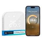 Meross MTS215BMA in Weiß, freigestellt neben einem Smartphone mit der Thermostat-App