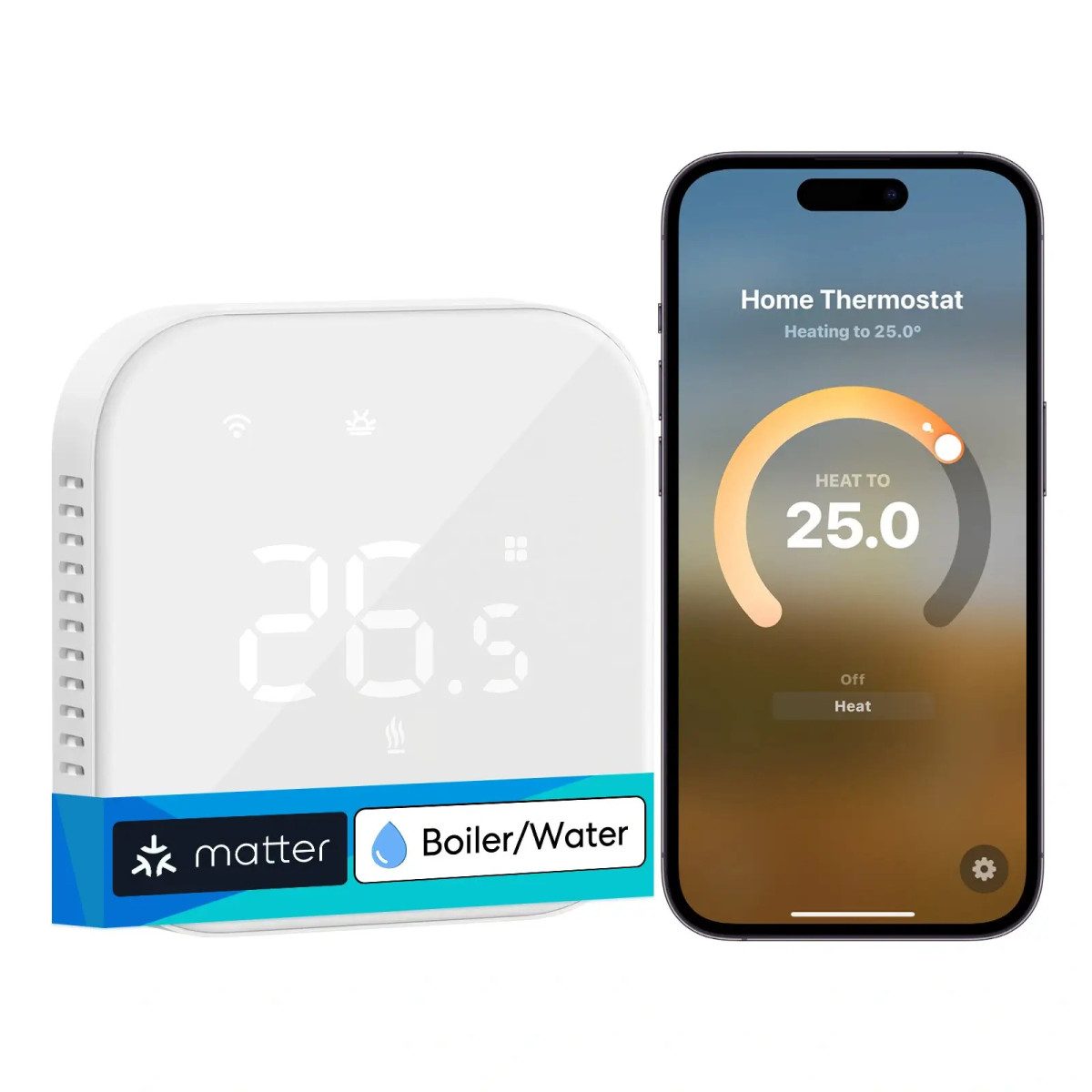 Meross MTS215BMA in Weiß, freigestellt neben einem Smartphone mit der Thermostat-App