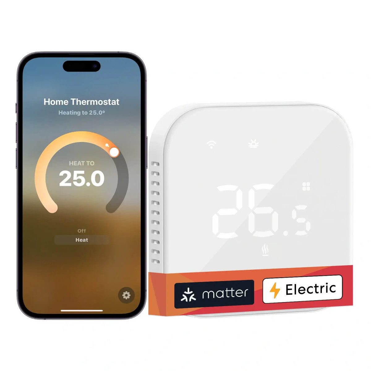 Meross MTS215MA neben einem Smartphone, in der App ist die Zieltemperatur auf 25 Grad gestellt