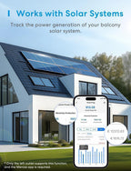 Herstellergrafik zum Balkonkraftwerk: Haus mit PV-Modulen und Meross-App mit Ertragsdiagramm, gilt nur für die linke Buchse