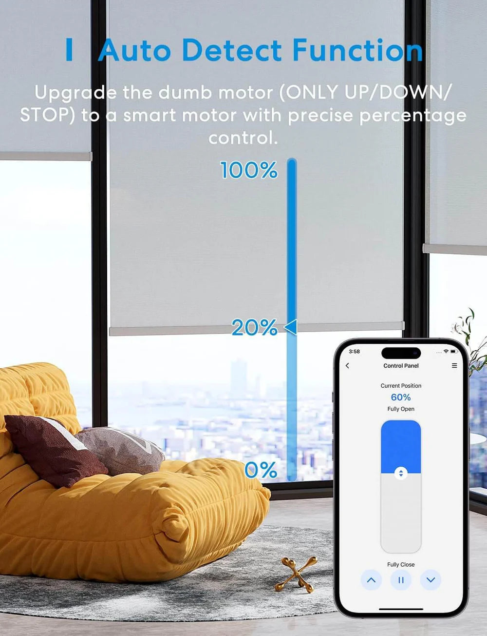 Herstellergrafik zur Positionssteuerung: Prozentskala am Fenster und Meross-App mit aktueller Position 60 Prozent