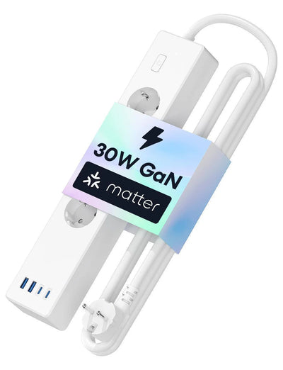 Meross Steckdosenleiste MSP844 in Weiß mit aufgerolltem Kabel, Ein/Aus-Taste und den vier USB-Ports an der Stirnseite