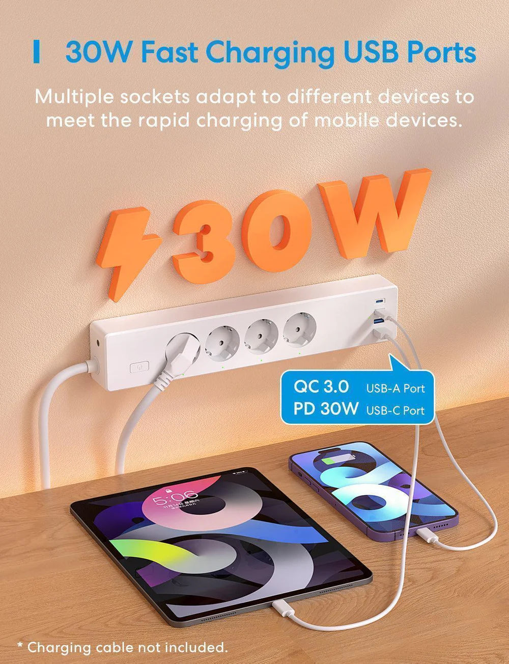 Herstellergrafik: iPad und iPhone laden an der MSP844 per USB-C und USB-A, Ladekabel gehören nicht zum Lieferumfang