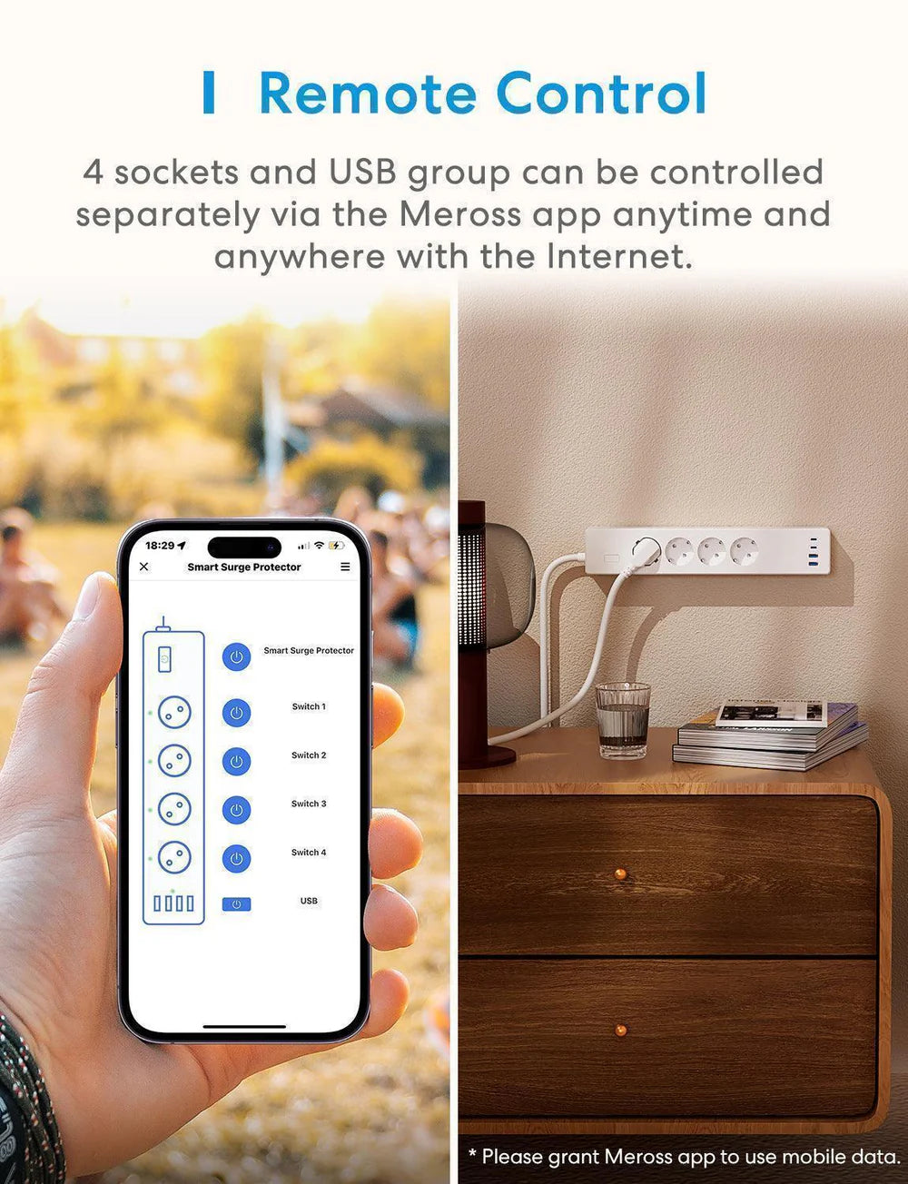 Herstellergrafik: Meross-App schaltet Dose 1 bis 4 der MSP844 einzeln und die USB-Ports als Gruppe