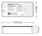 Maßzeichnung des MiBoxer SMZ5 mit 74,5 × 36 × 17 mm und der Klemmenbelegung für fünf Ausgangskanäle