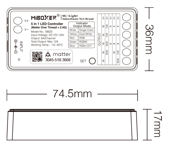 Maßzeichnung des MiBoxer SMZ5 mit 74,5 × 36 × 17 mm und der Klemmenbelegung für fünf Ausgangskanäle