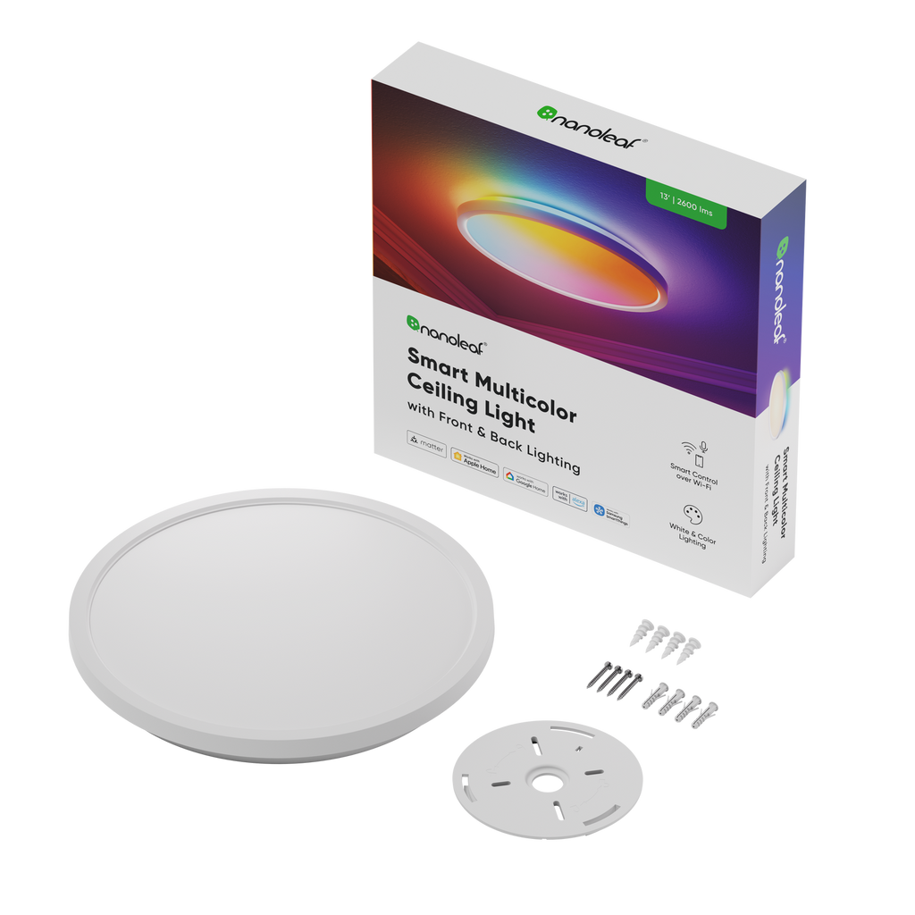 Lieferumfang des Nanoleaf Ceiling Light: Leuchte, Deckenplatte, Schrauben, Dübel und Verpackung