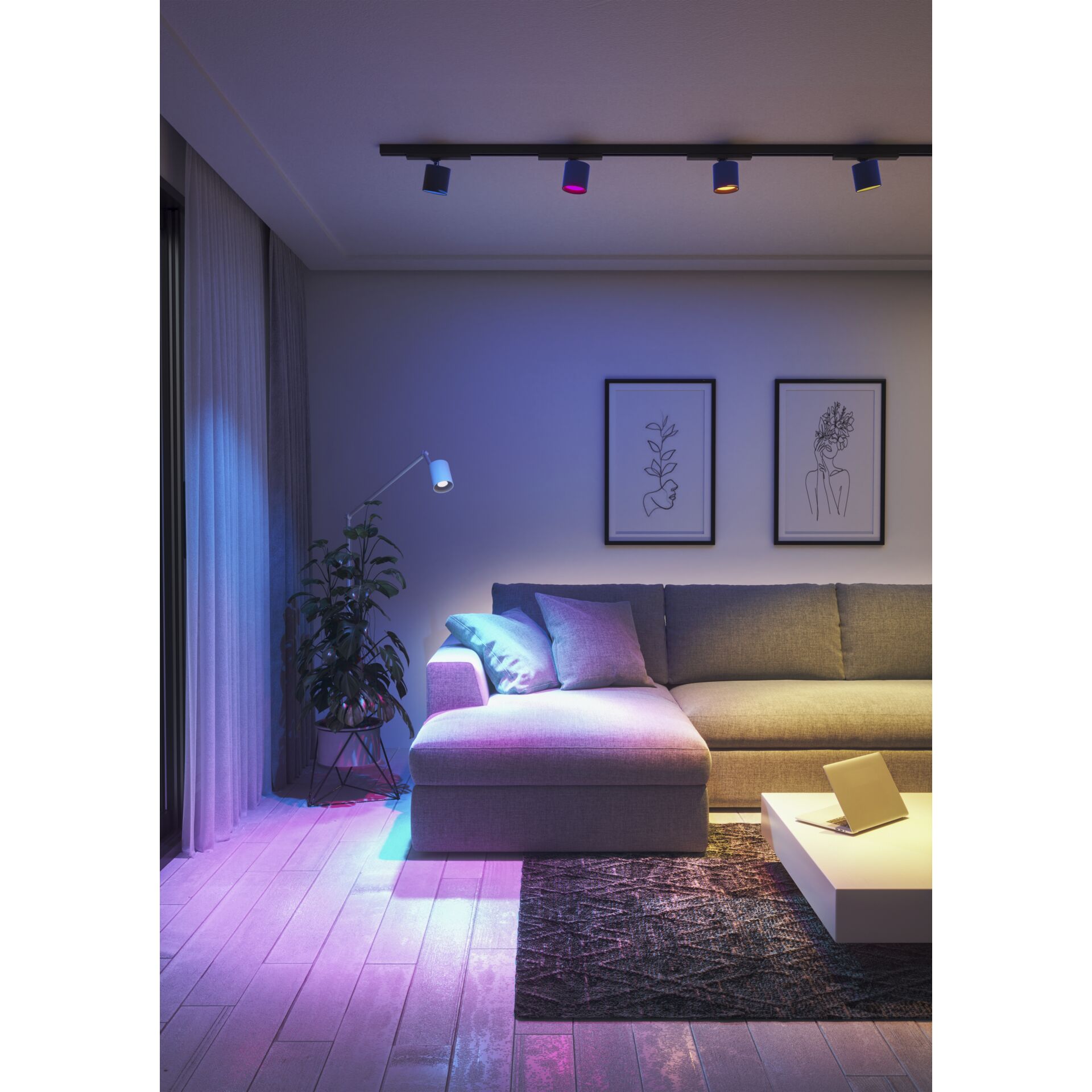 Vierfach-Schienenstrahler mit Nanoleaf GU10 Bulbs in Blau und Pink über einer Couch
