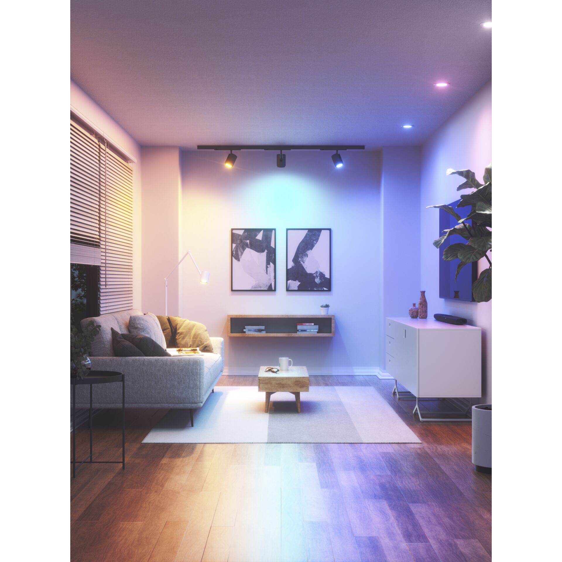 Wohnraum mit Schienenstrahlern und Einbauspots, GU10 Bulbs leuchten orange, blau und weiß