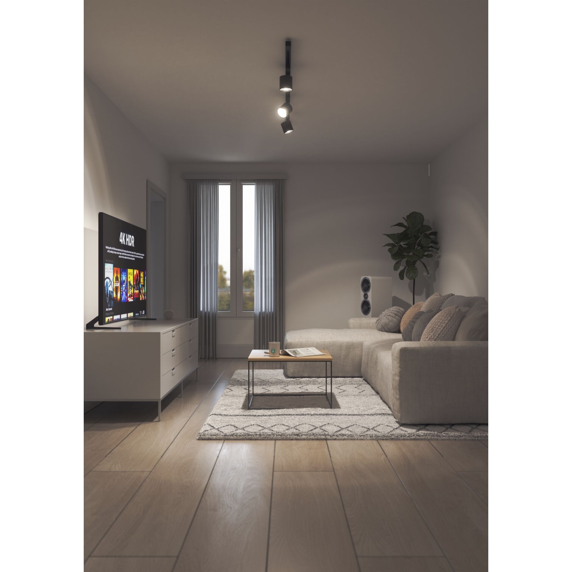 Wohnzimmer mit weiß leuchtendem Deckenstrahler, GU10 Bulbs im Alltagslicht über Sofa und TV