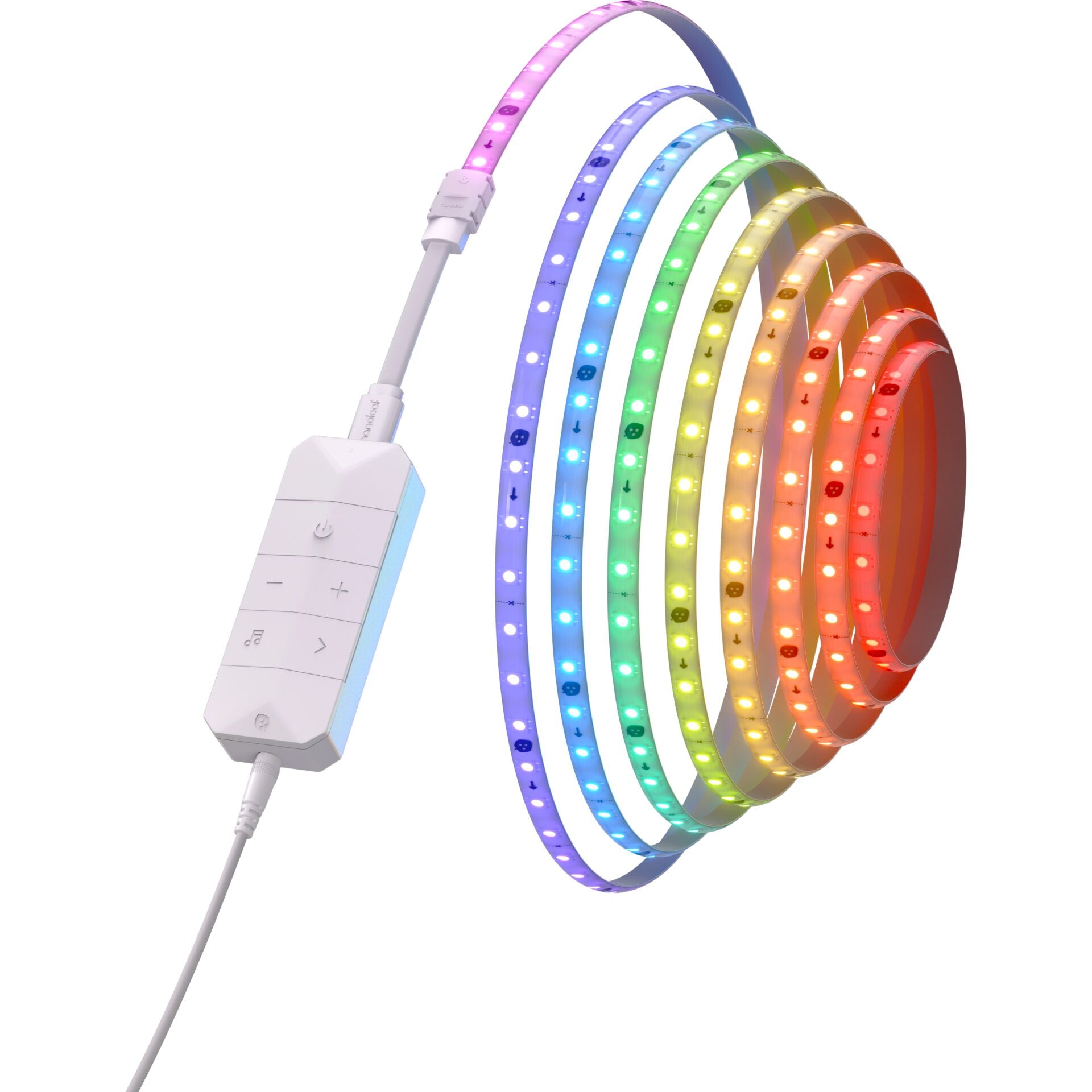 Nanoleaf HD Lightstrip aufgerollt mit Controller und Netzkabel, LEDs im Farbverlauf