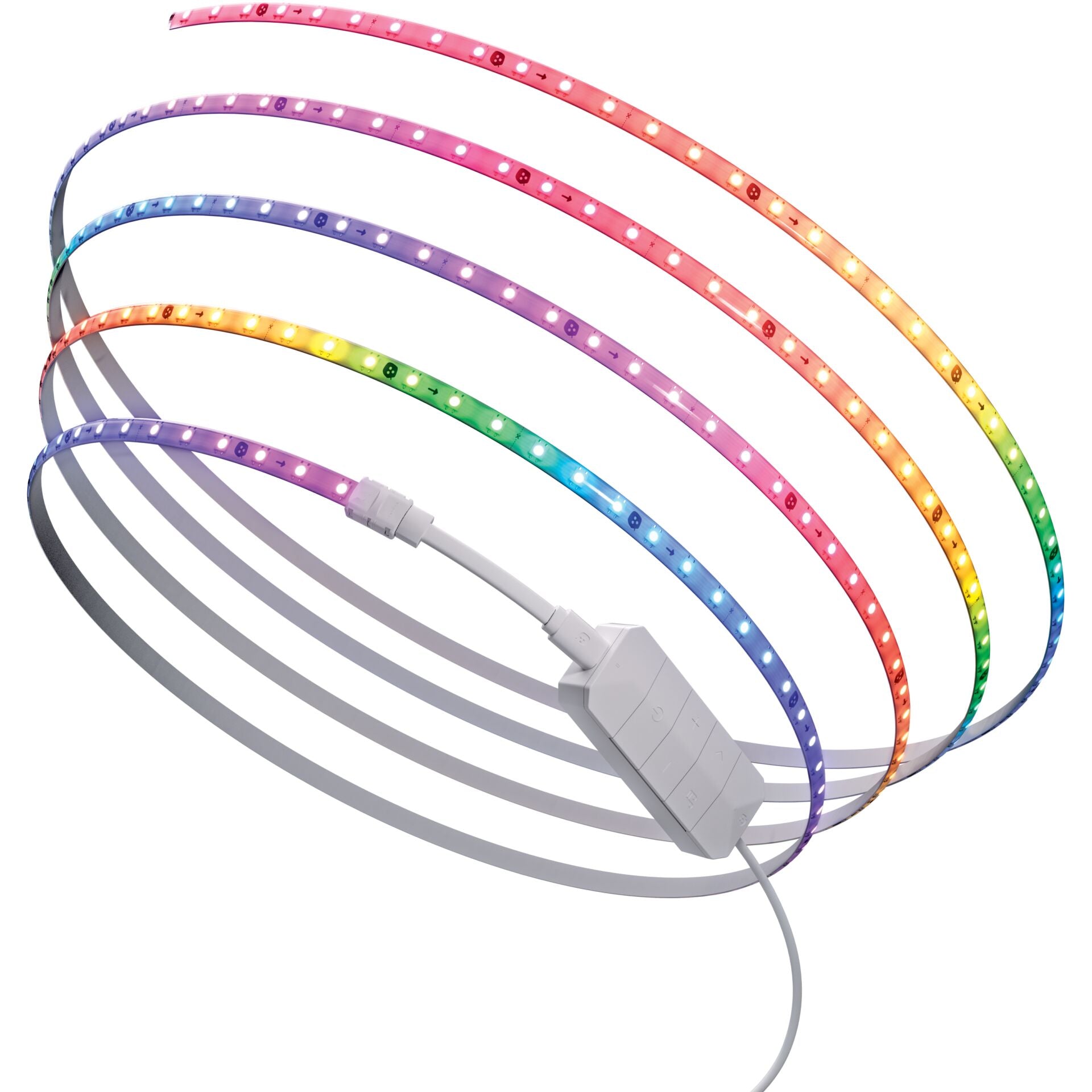 Locker gewickelter Lightstrip 5m mit Bedientasten am Controller, LEDs in Regenbogenfarben