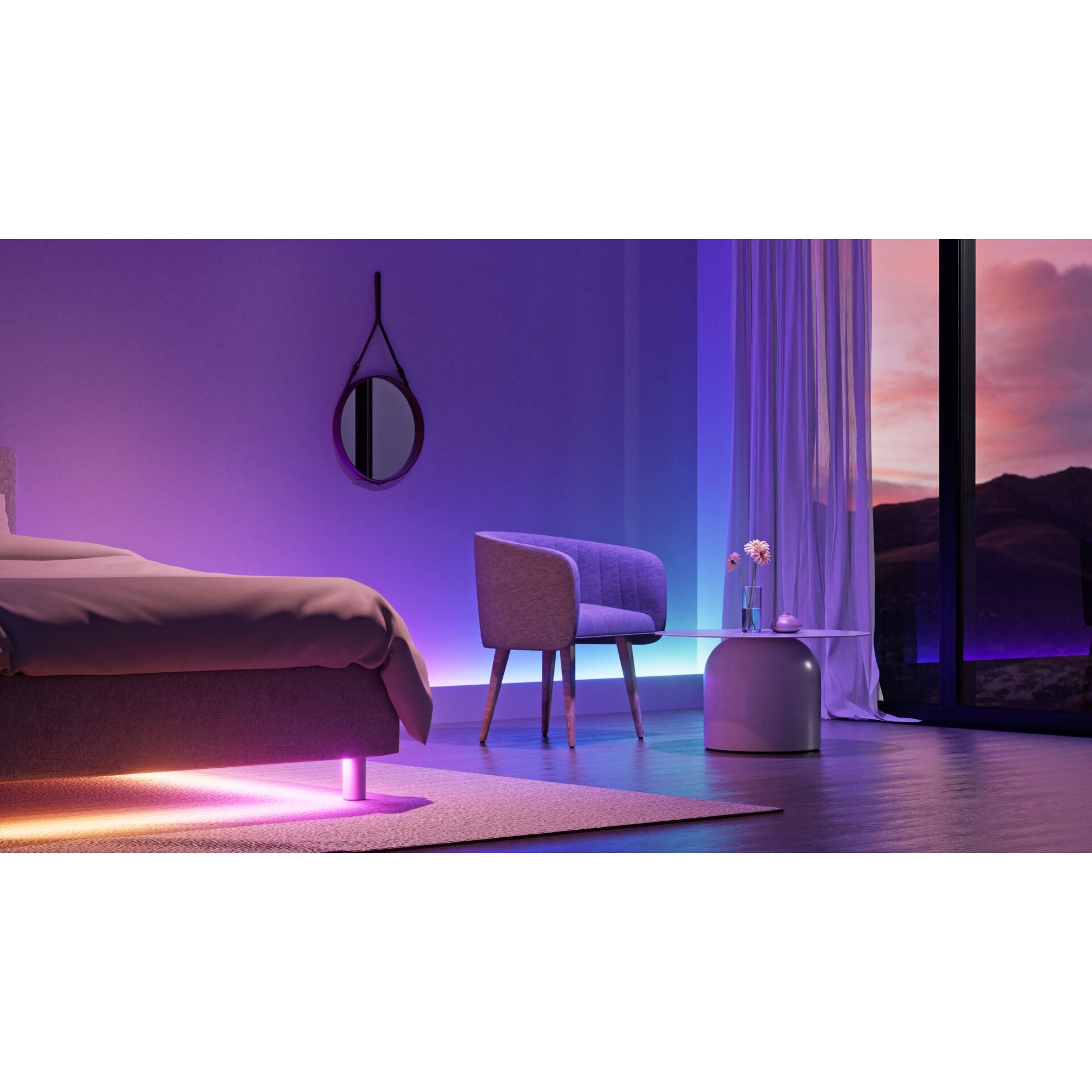 Schlafzimmer mit Lightstrip unter dem Bettrahmen, Wand in Violett und Orange beleuchtet