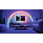 Lightstrip als leuchtender Regenbogenbogen an der Wand um den Fernseher gezogen