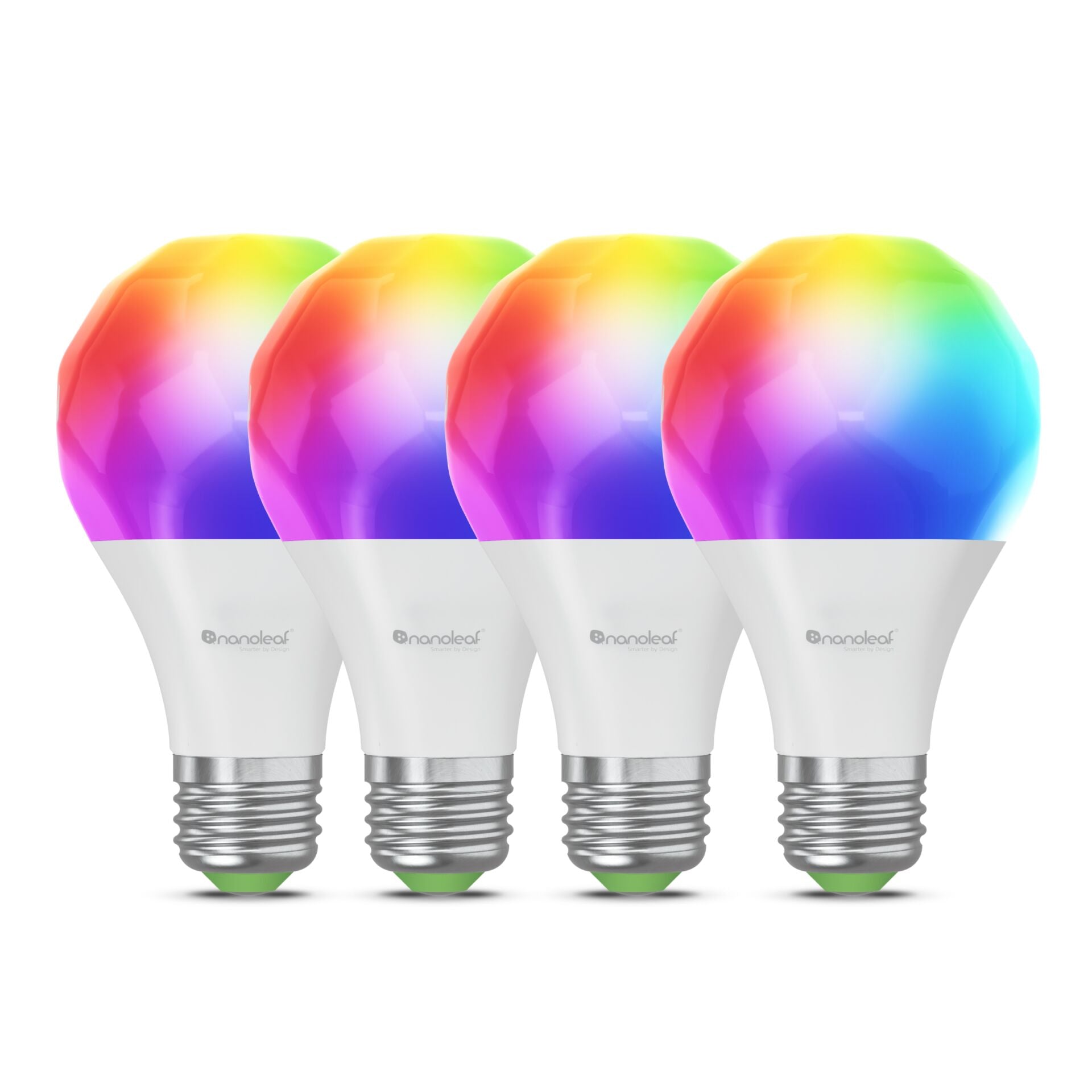 Vier Nanoleaf Smart Bulb E27 nebeneinander, Kolben in Regenbogenfarben, Schraubsockel unten
