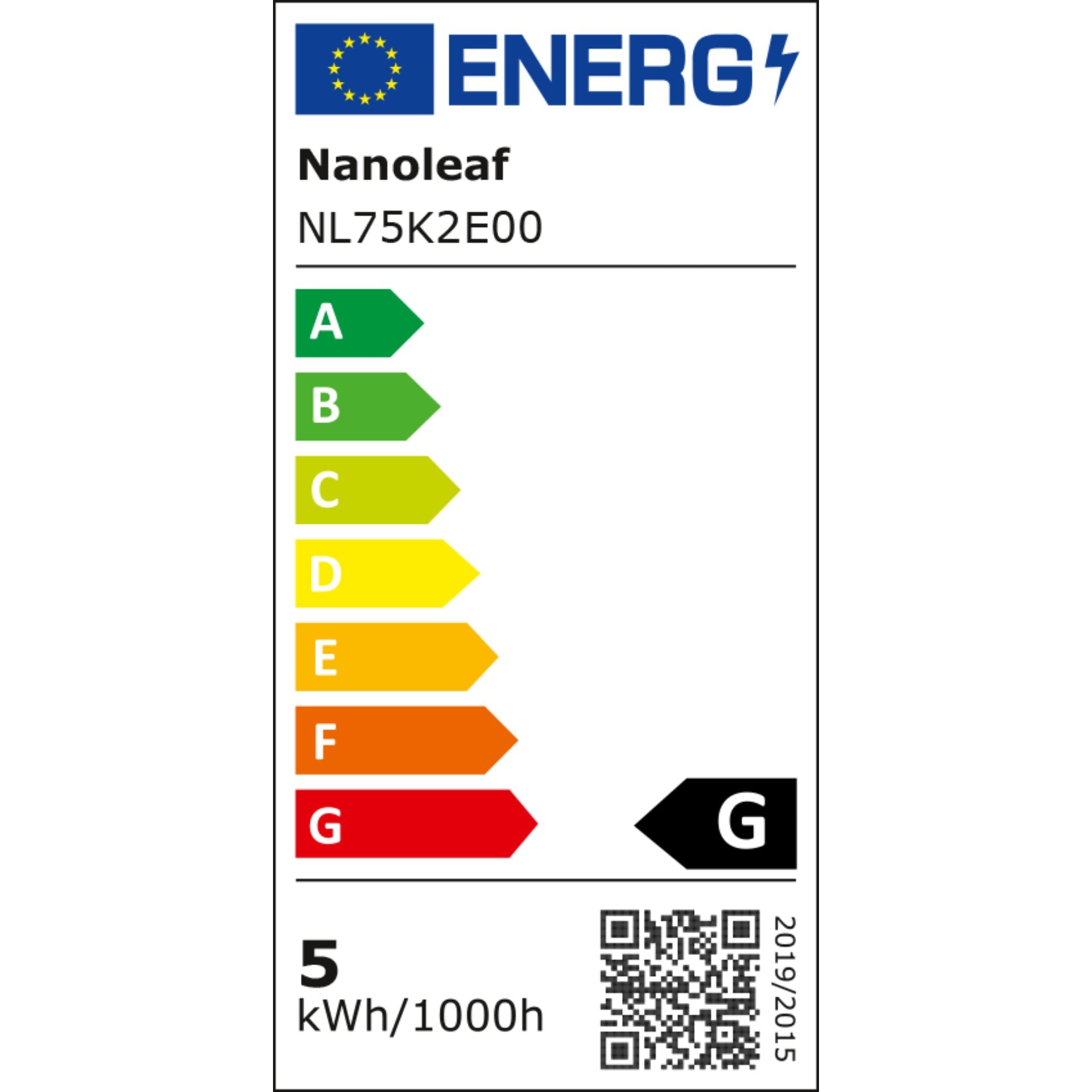 EU-Energielabel Nanoleaf NL75K2E00, Effizienzklasse G, 5 kWh/1000 h