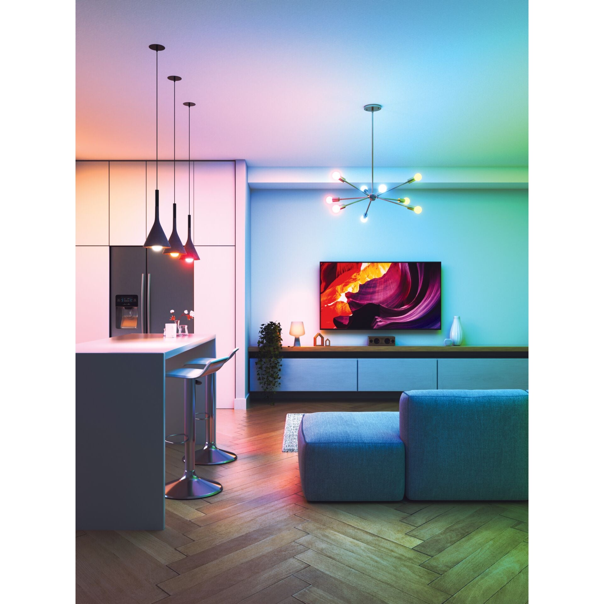 Offene Wohnküche, E27 Bulbs in Pendel- und Deckenleuchte tauchen die Wände in Pastelltöne