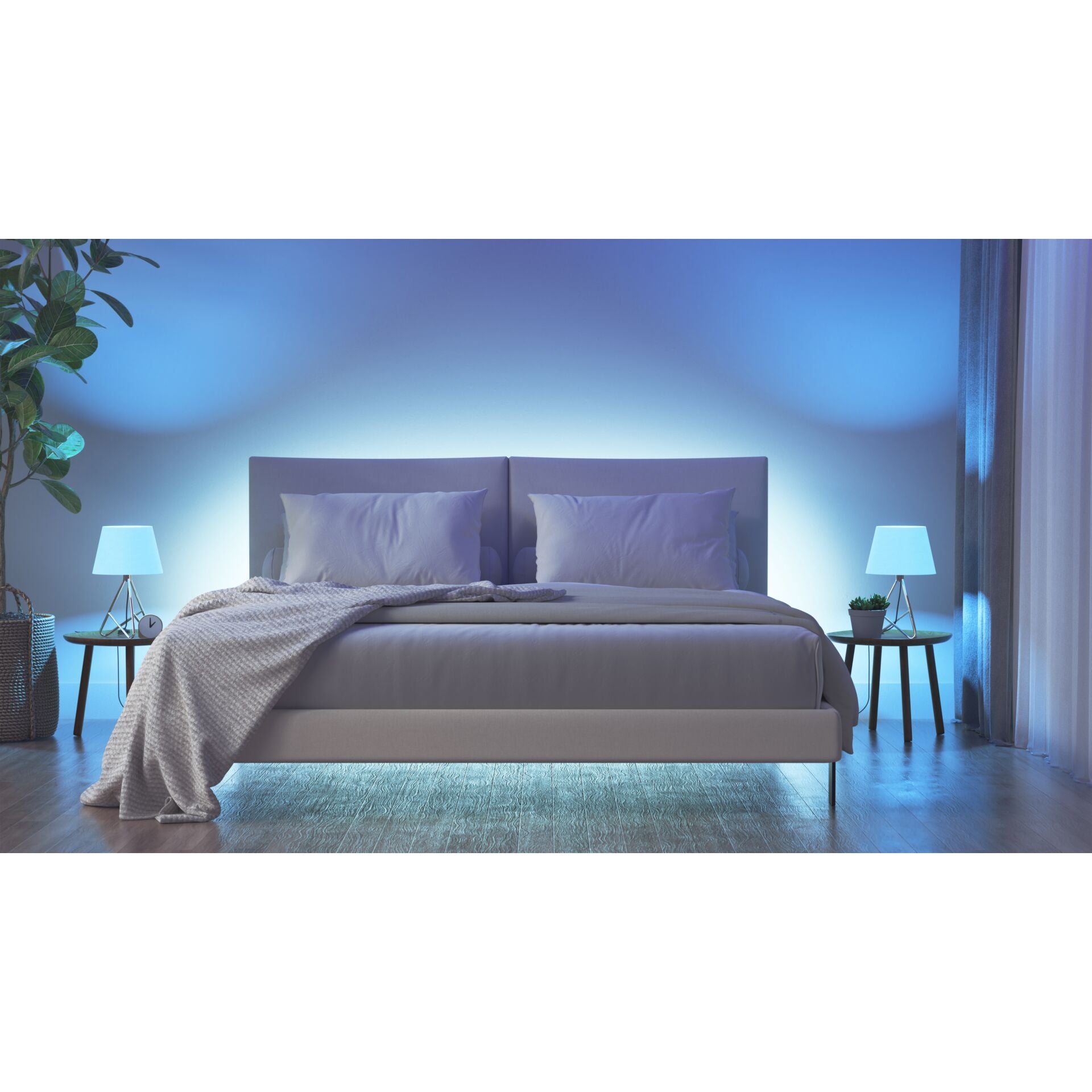 Schlafzimmer in blauem Licht, zwei Nachttischlampen mit Nanoleaf Smart Bulb E27 leuchten