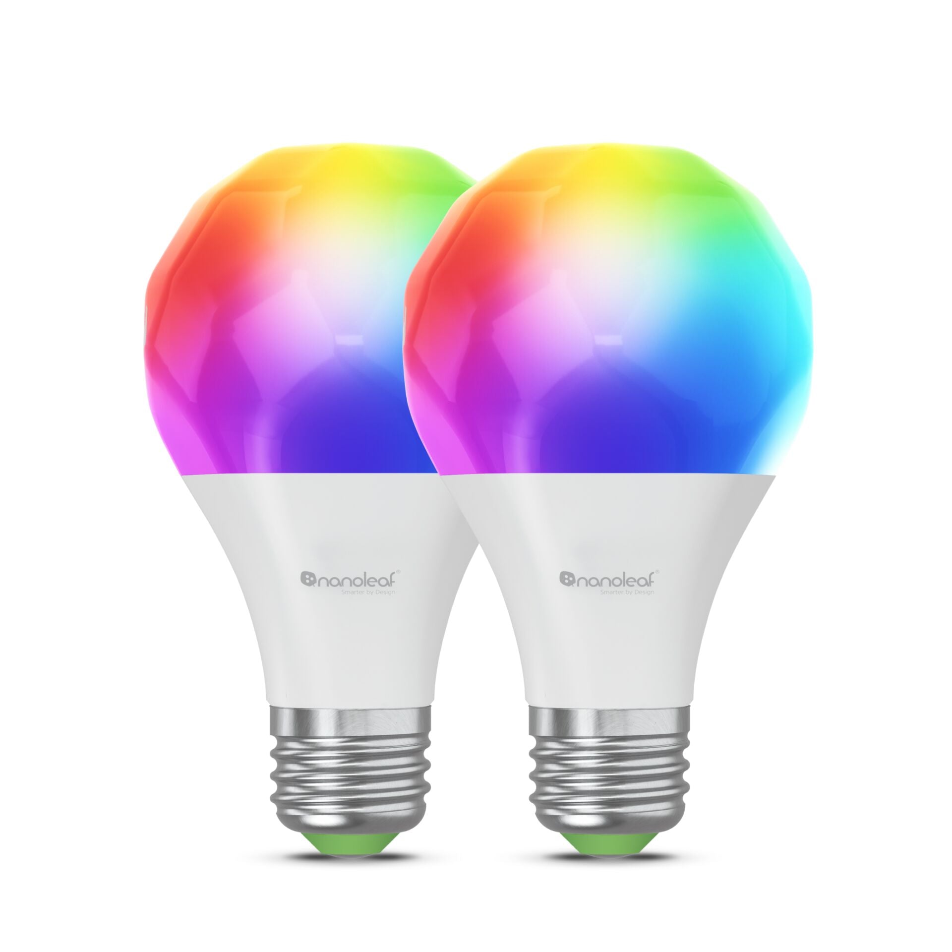 Zwei Nanoleaf Essentials Matter Smart Bulb E27 mit facettiertem Kolben in Regenbogenfarben