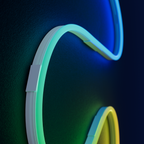 Nahaufnahme des Nanoleaf Rope Light in einem Montageclip an der Wand, grüner Farbverlauf