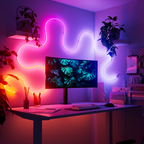 Nanoleaf Rope Light in Wellenform hinter einem Monitor an der Wand, pink-violettes Licht