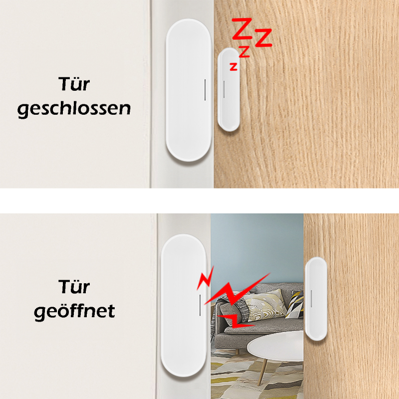 NEO Tür- / Fensterkontakt am Türrahmen, oben bei geschlossener Tür, unten bei geöffneter Tür mit Alarmsymbol