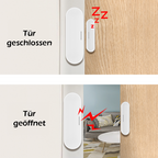 NEO Tür- / Fensterkontakt am Türrahmen, oben bei geschlossener Tür, unten bei geöffneter Tür mit Alarmsymbol