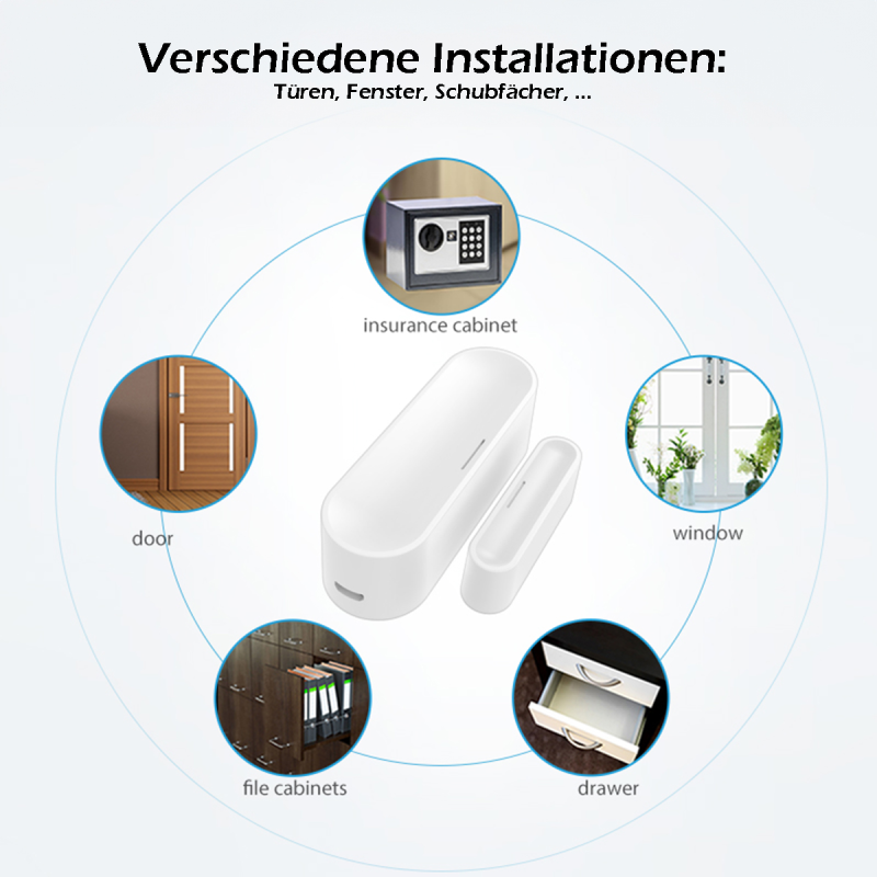 NEO Tür- / Fensterkontakt in der Mitte, ringsum Einsatzorte: Tür, Fenster, Schublade, Aktenschrank, Tresor