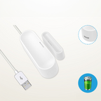 NEO Tür- / Fensterkontakt mit angeschlossenem USB-Kabel, Detailkreis der Anschlussbuchse und Batteriesymbol