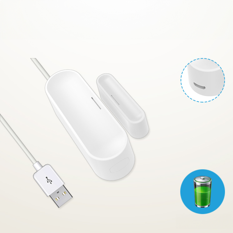 NEO Tür- / Fensterkontakt mit angeschlossenem USB-Kabel, Detailkreis der Anschlussbuchse und Batteriesymbol