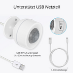 NEO Bewegungsmelder am Wandhalter mit USB-Kabel, Detailkreis der Micro-USB-Buchse und 1,2 m Kabellänge