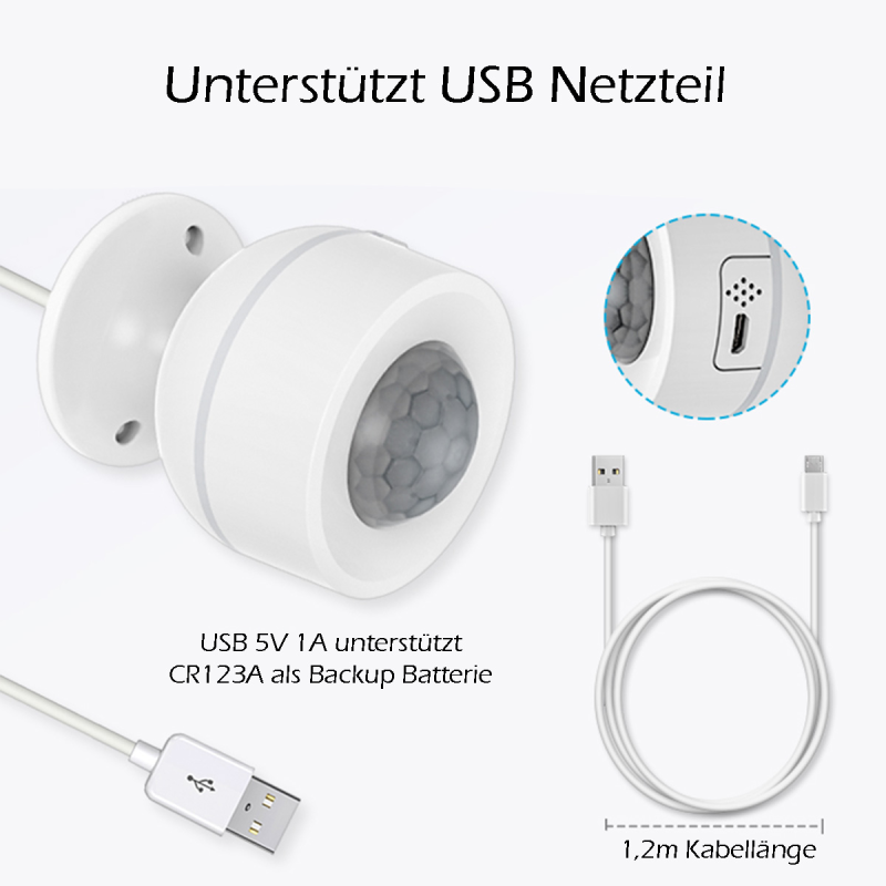 NEO Bewegungsmelder am Wandhalter mit USB-Kabel, Detailkreis der Micro-USB-Buchse und 1,2 m Kabellänge