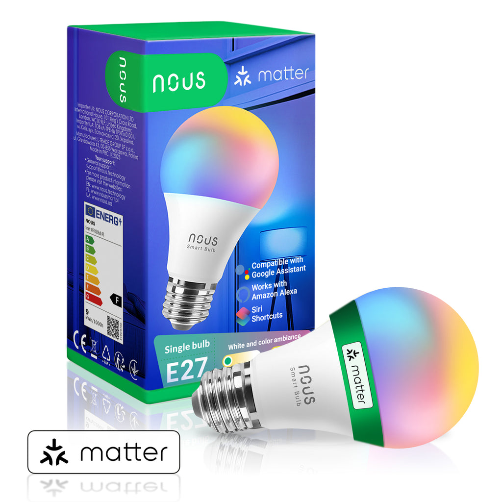 Nous P3 Smarte Glühbirne E27 in Regenbogenfarben neben der Matter-Verpackung mit Aufdruck Single bulb E27