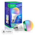 Nous P3 Smarte Glühbirne E27 in Regenbogenfarben neben der Matter-Verpackung mit Aufdruck Single bulb E27